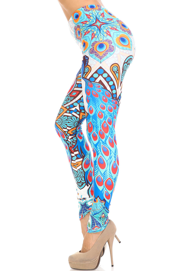 Creamy Soft Premium Women's Leggings Pristine Peacock Regular Size, High Rise, Stretchy & Comfortable Fit - by USA Fashion