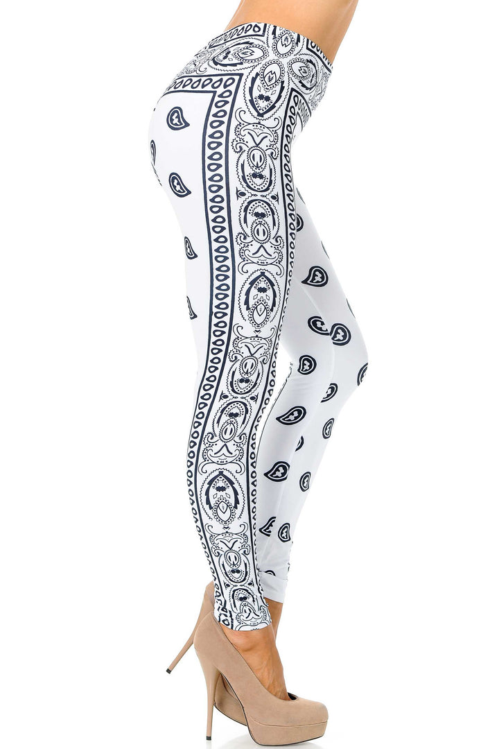 Creamy Soft Premium Women's Leggings White Bandana Regular Size, High Rise, Stretchy & Comfortable Fit - by USA Fashion