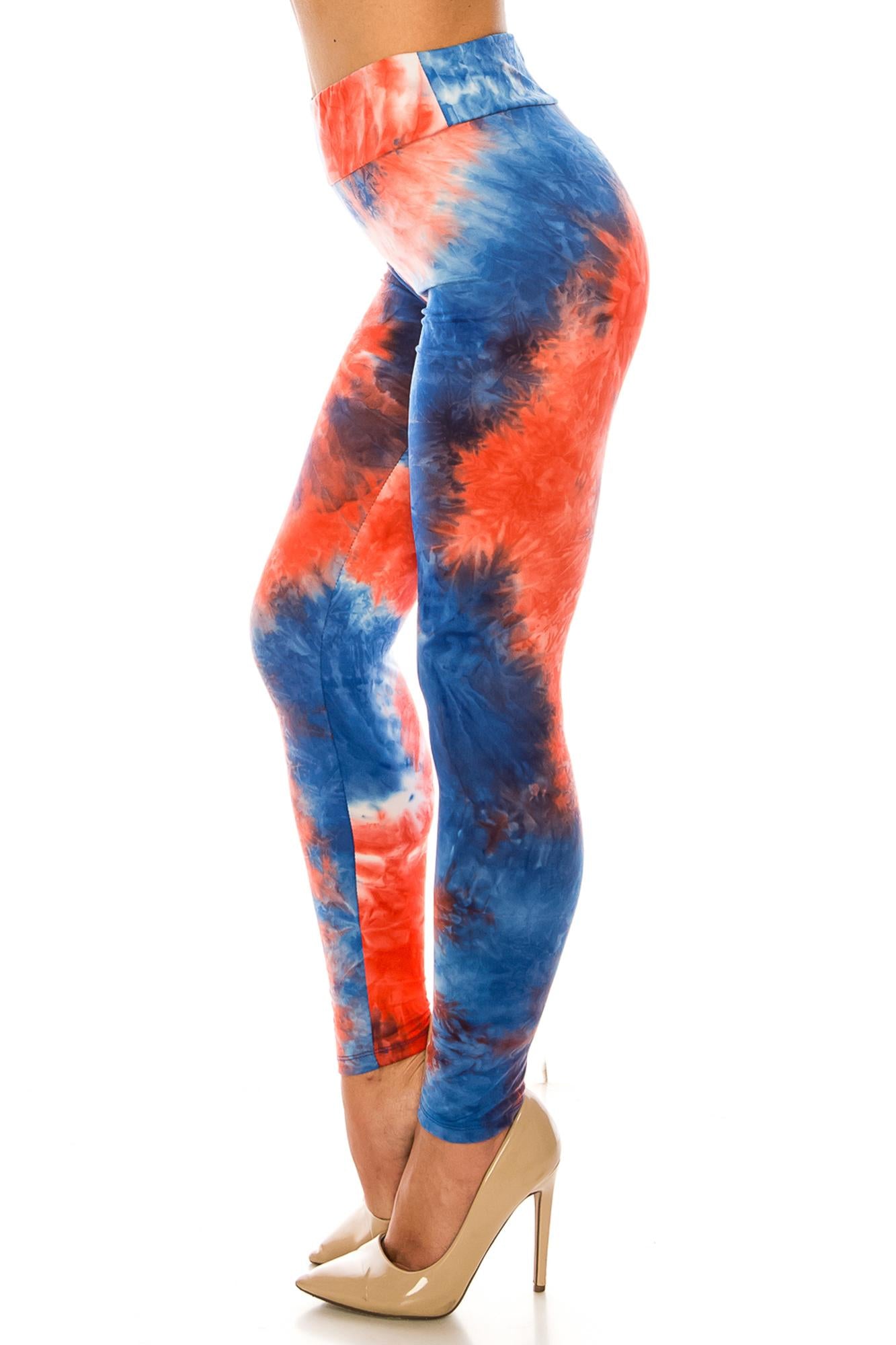 Buttery Soft Red and Blue Tie Dye High Waisted Leggings (One Size Regular,Blue)