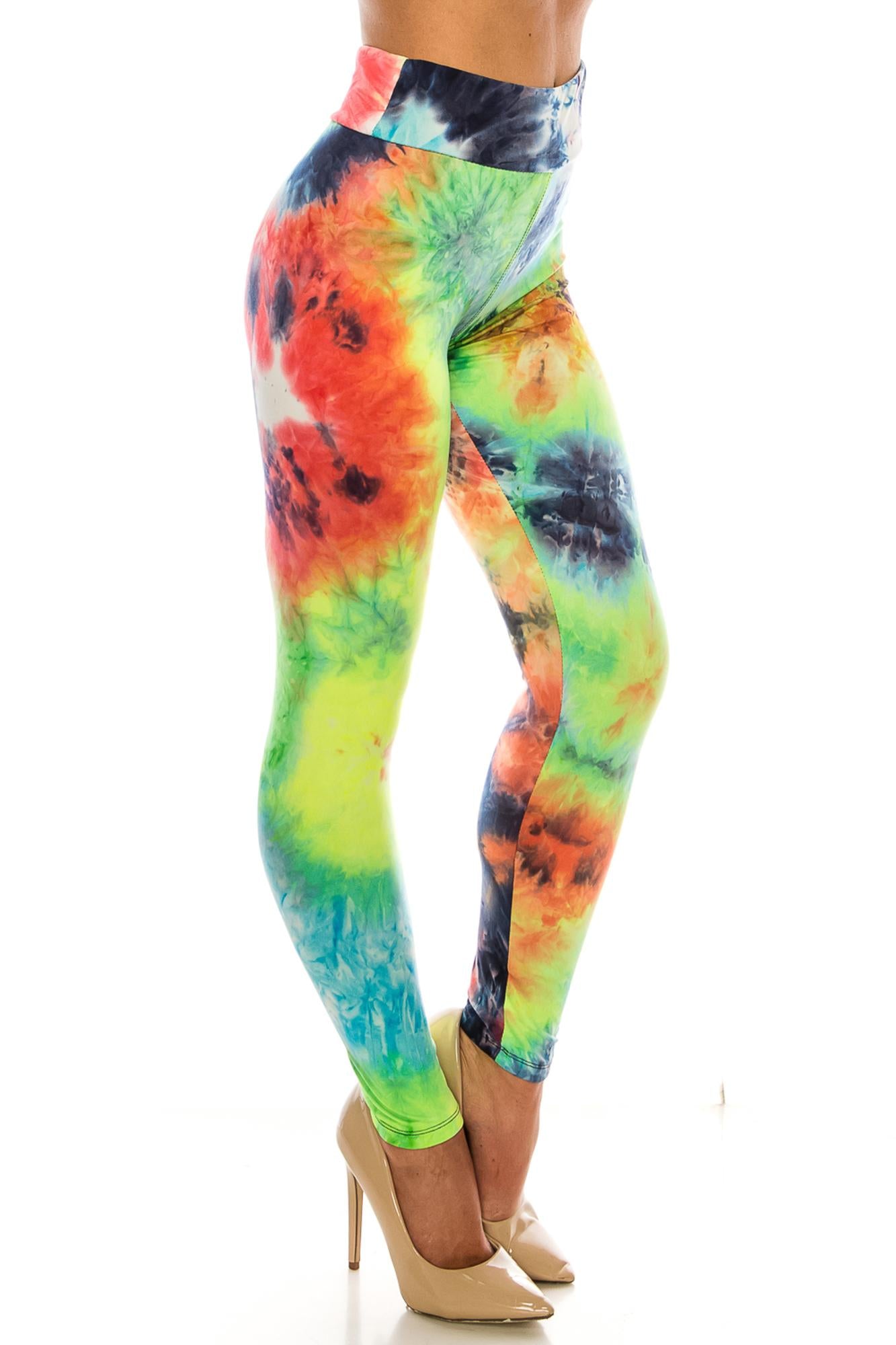 Buttery Soft Summer Yellow Tie Dye High Waisted Leggings (One Size Regular,Yellow)