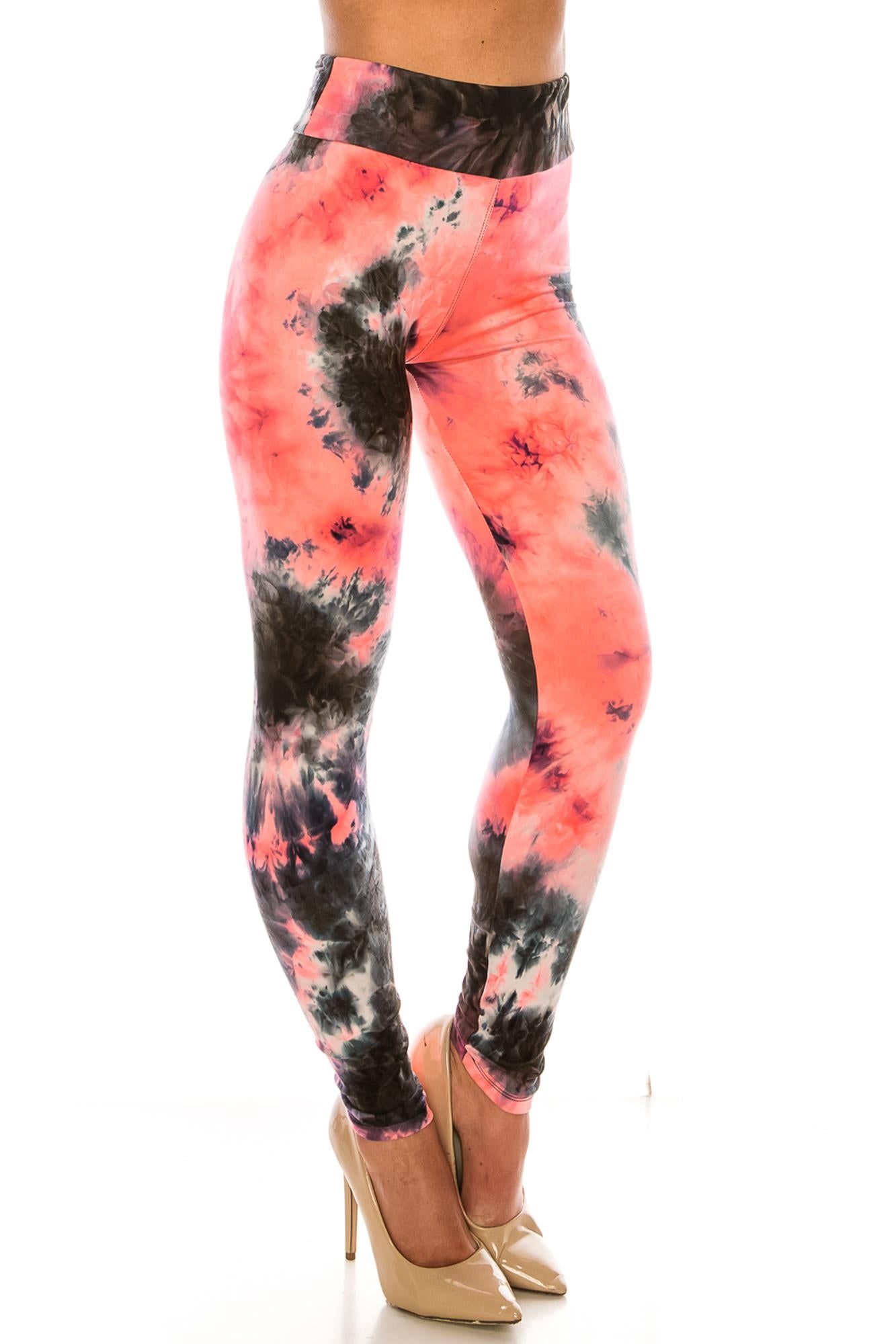 Buttery Soft Coral Tie Dye High Waisted Leggings (One Size Regular,Coral)