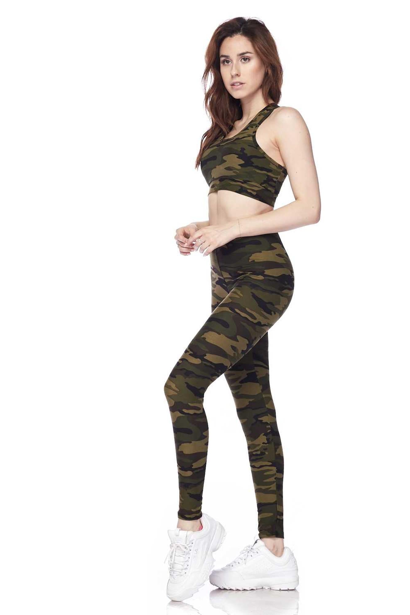 Buttery Smooth Green Camouflage Leggings and Bra Set
