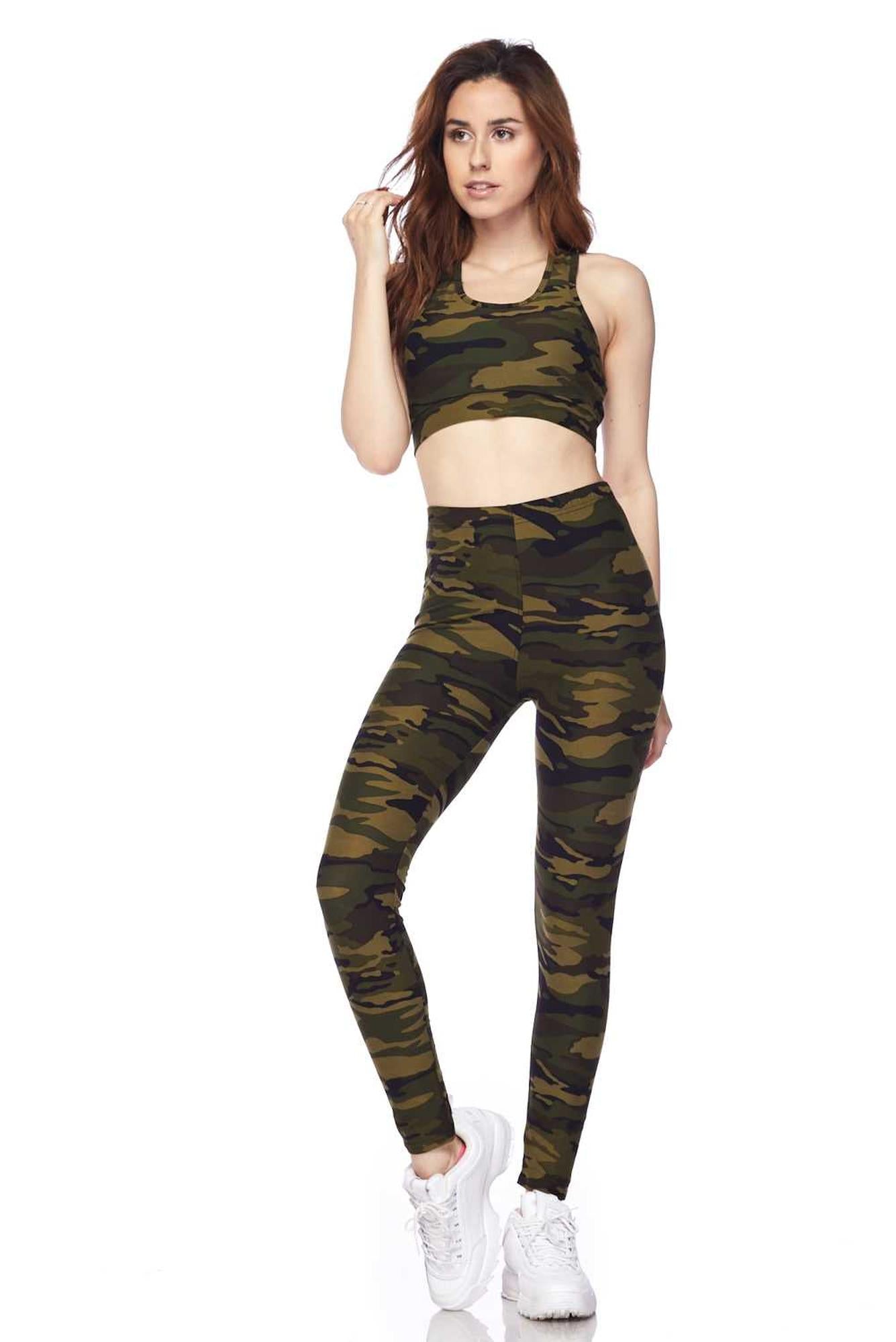 Buttery Smooth Green Camouflage Leggings and Bra Set