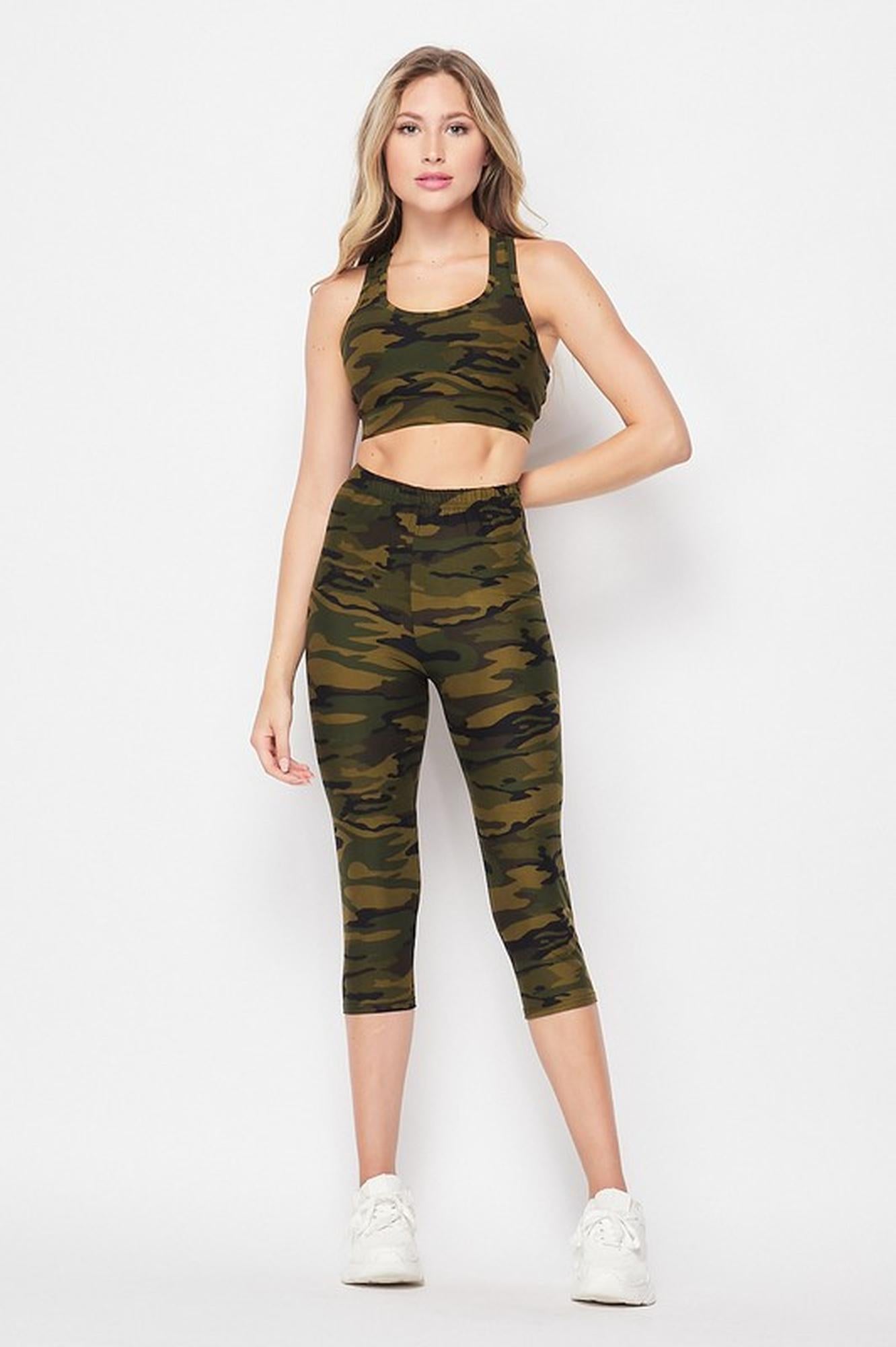 2 Piece Green Camouflage Crop Top and Capris Set