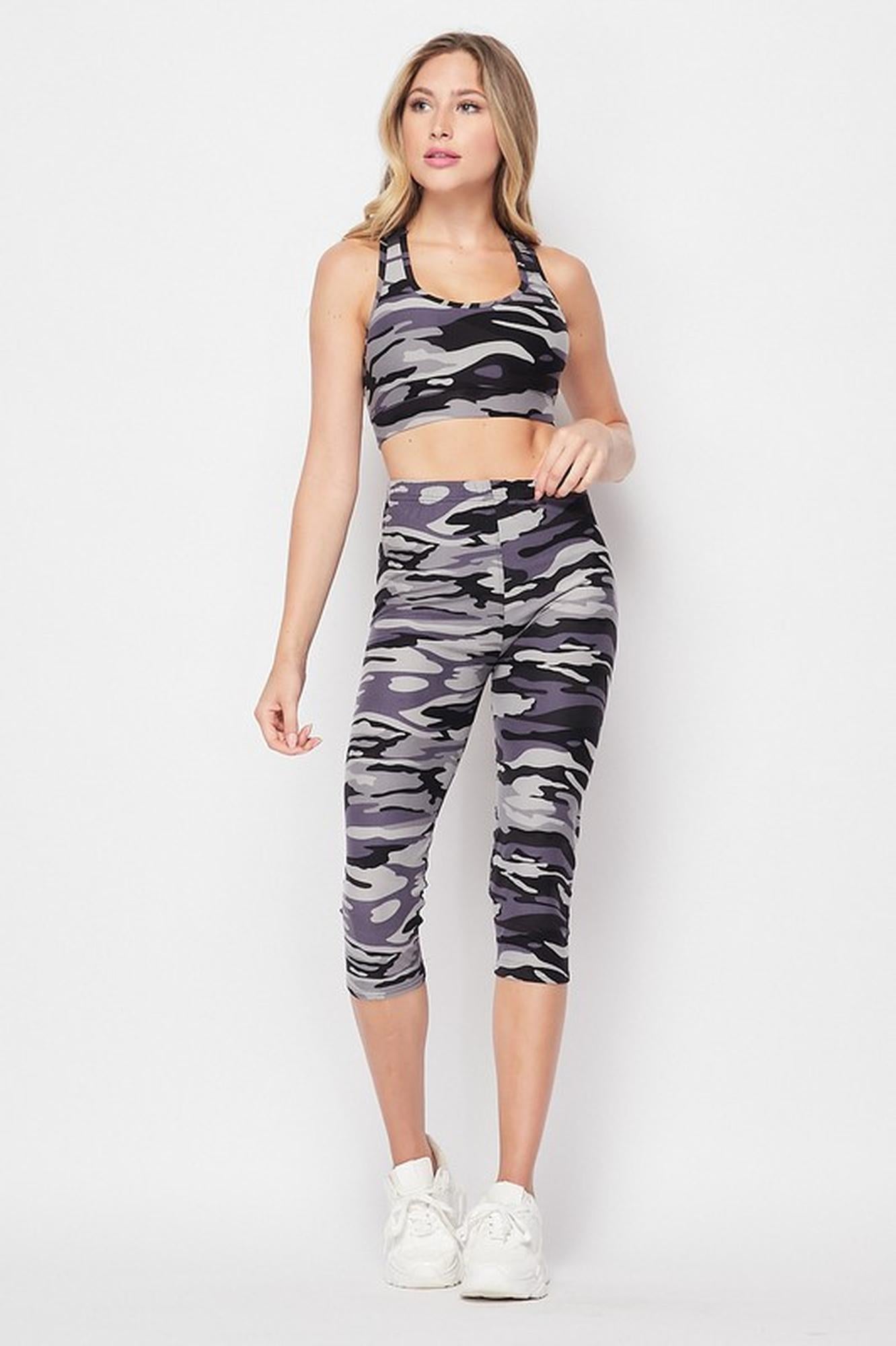 2 Piece Charcoal Camouflage Crop Top and Capris Set