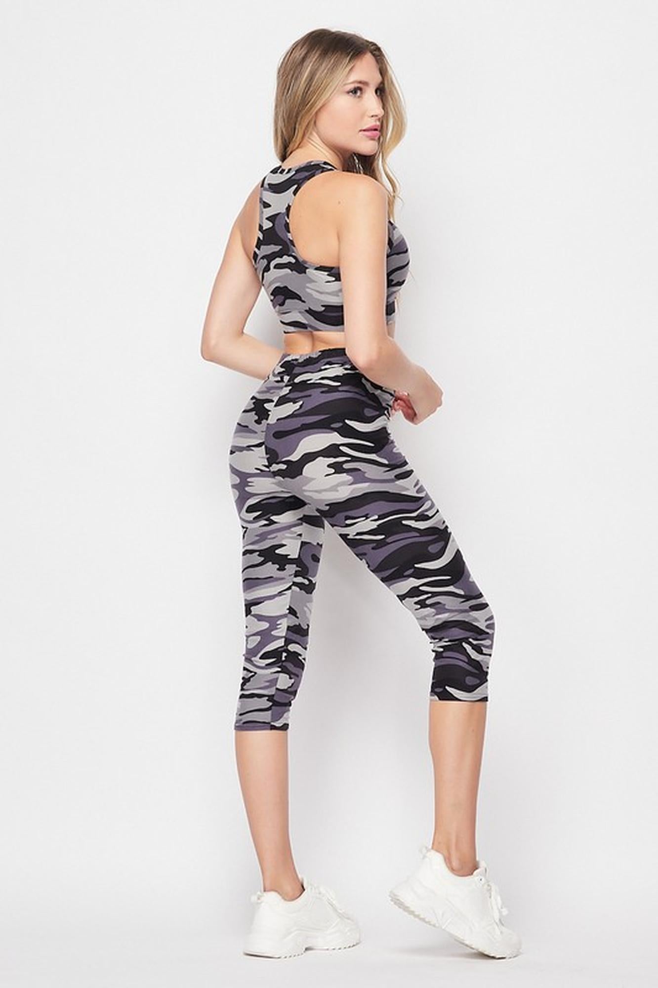 2 Piece Charcoal Camouflage Crop Top and Capris Set