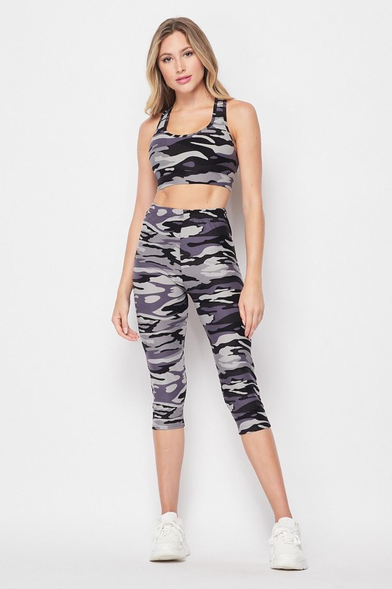 2 Piece Charcoal Camouflage Crop Top and Capris Set