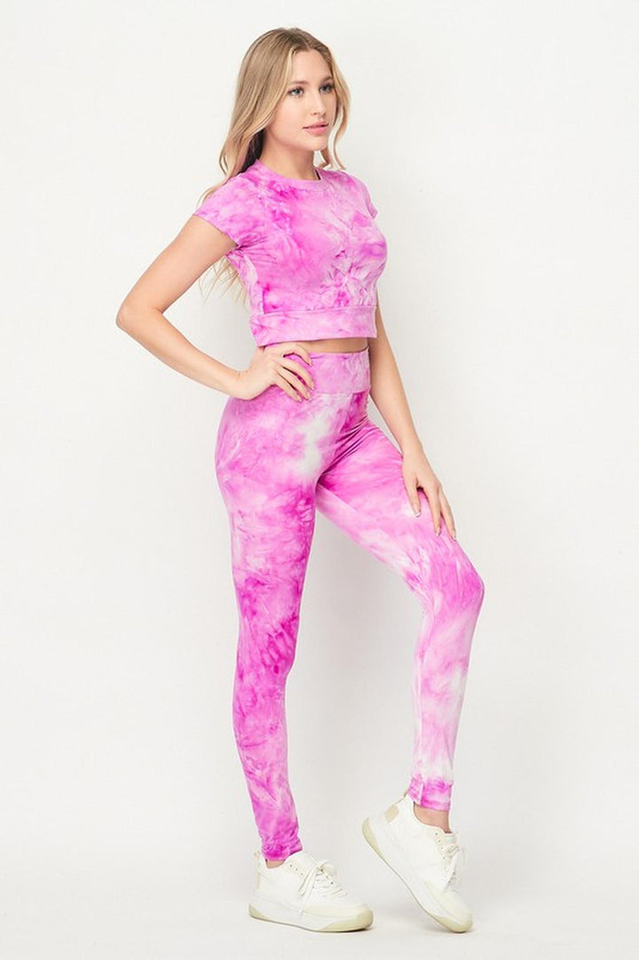 Tie Dye 2 Piece Leggings and Short Sleeve Crop Top Set