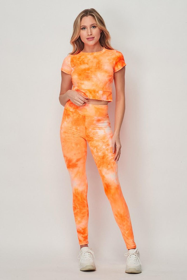 Tie Dye 2 Piece Leggings and Short Sleeve Crop Top Set