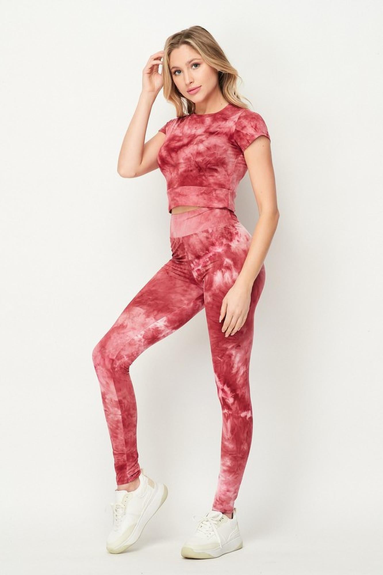 Tie Dye 2 Piece Leggings and Short Sleeve Crop Top Set