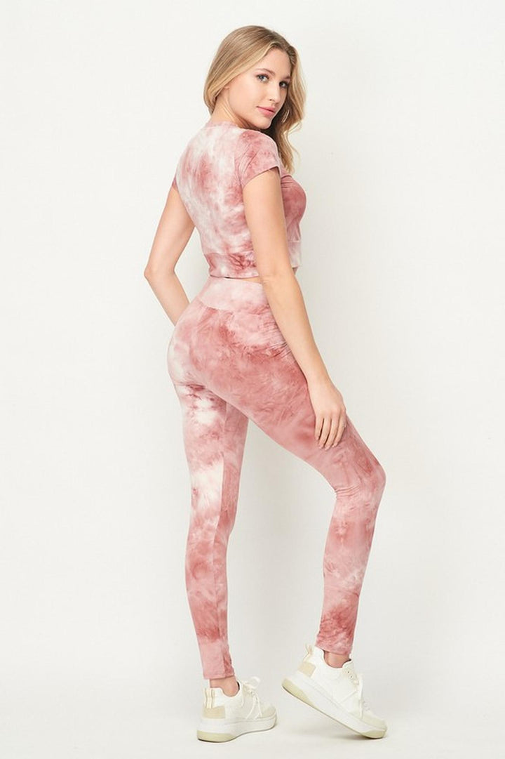 Tie Dye 2 Piece Leggings and Short Sleeve Crop Top Set