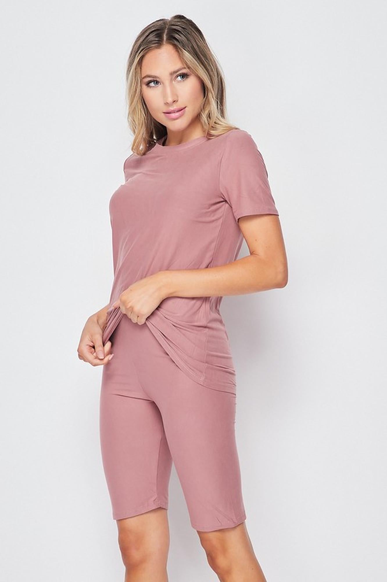 2 Piece Buttery Smooth Basic Solid Biker Shorts and T-Shirt Set