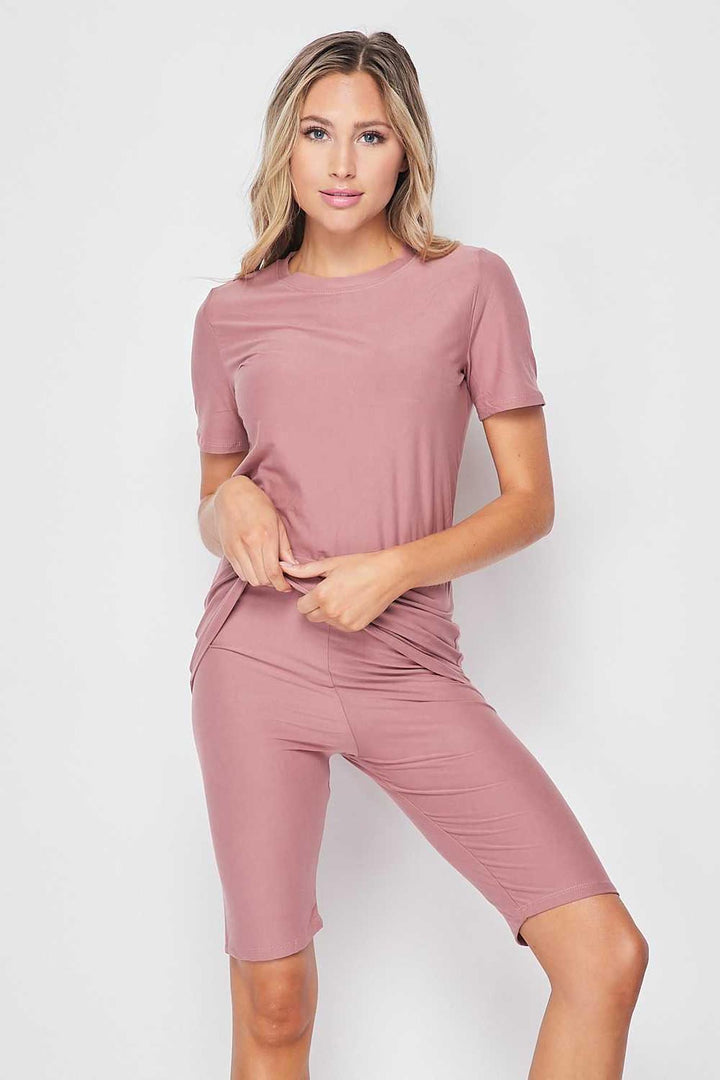 2 Piece Buttery Smooth Basic Solid Biker Shorts and T-Shirt Set
