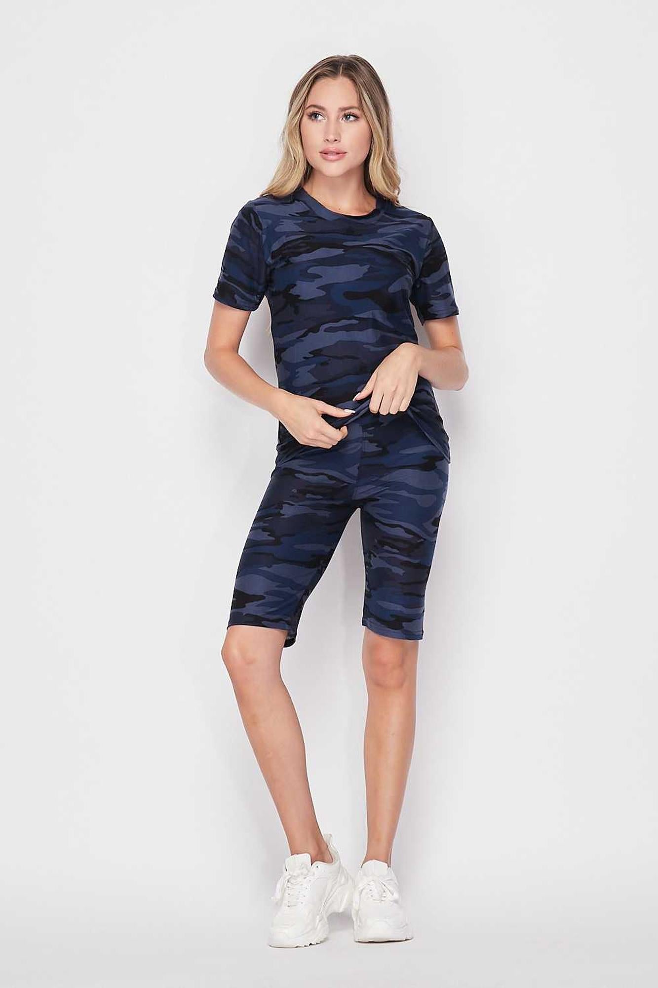 2 Piece Buttery Smooth Navy Camouflage Biker Shorts and T-Shirt Set
