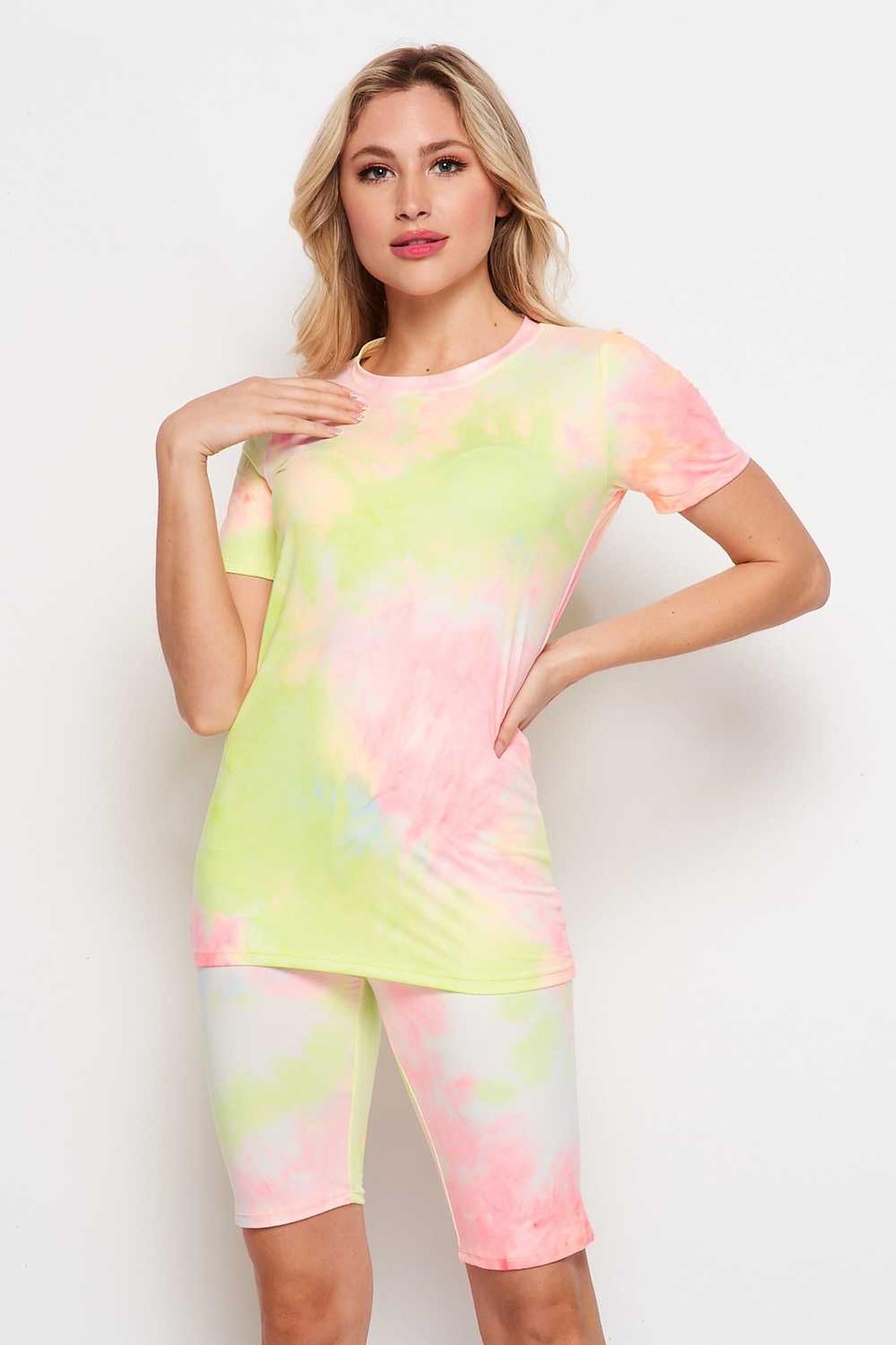 2 Piece Buttery Smooth Pink and Yellow Tie Dye Biker Shorts and T-Shirt Set