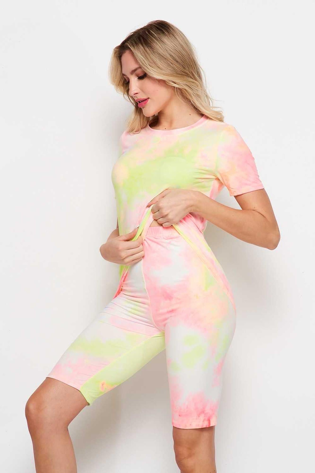 2 Piece Buttery Smooth Pink and Yellow Tie Dye Biker Shorts and T-Shirt Set
