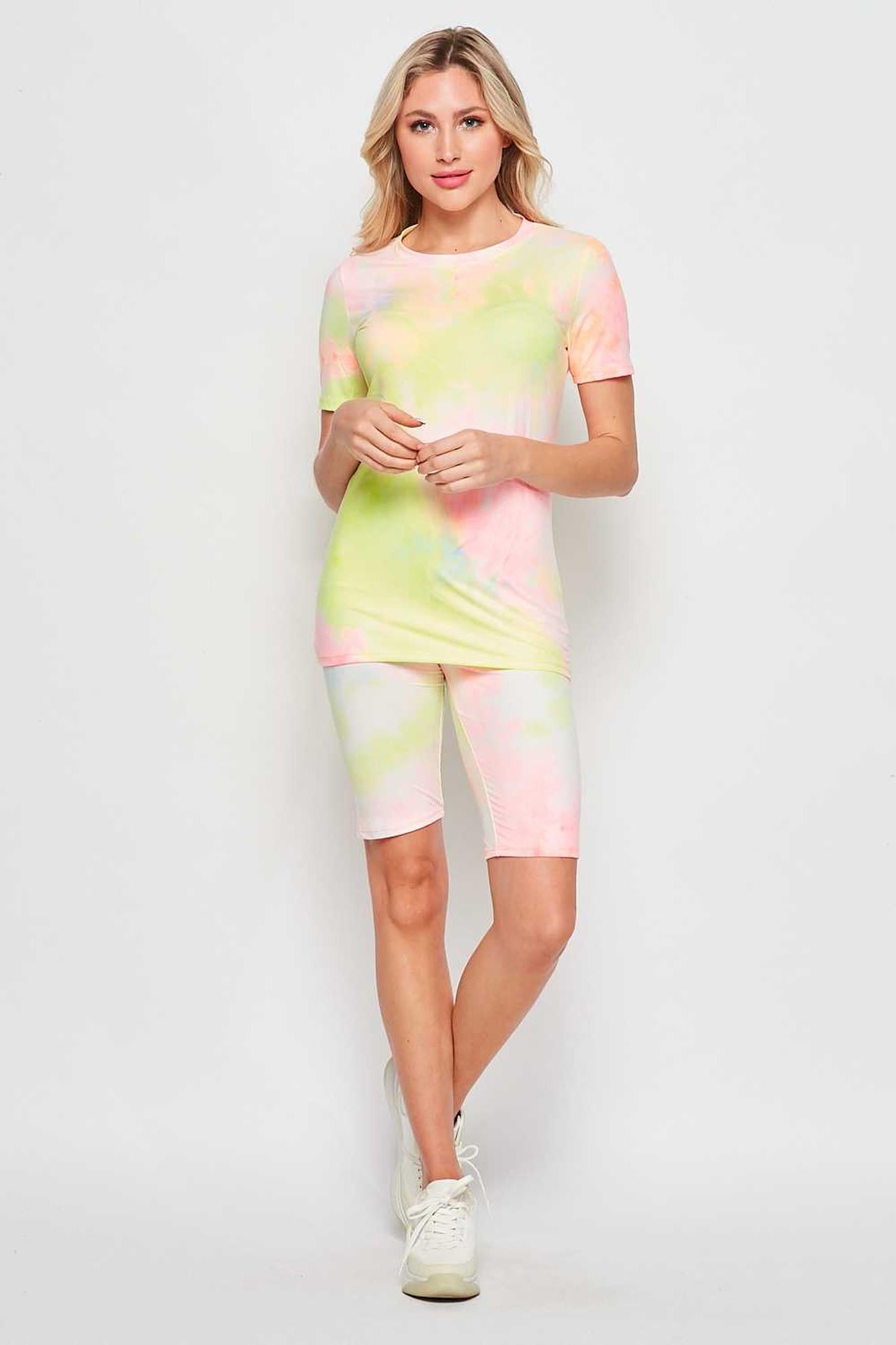 2 Piece Buttery Smooth Pink and Yellow Tie Dye Biker Shorts and T-Shirt Set