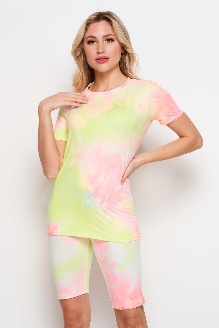 2 Piece Buttery Smooth Pink and Yellow Tie Dye Biker Shorts and T-Shirt Set