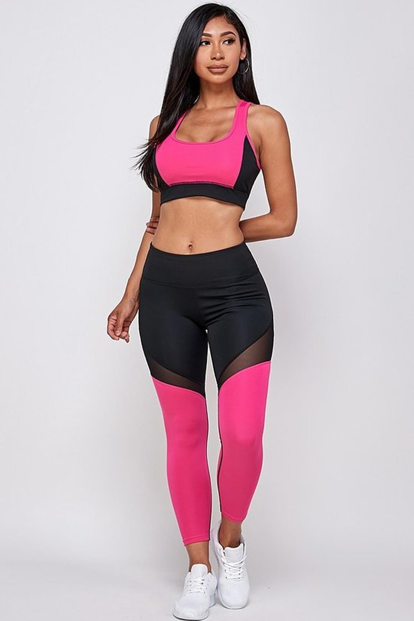 Premium 2 Piece Fuchsia Color Block Bra Top and Leggings Sport Set