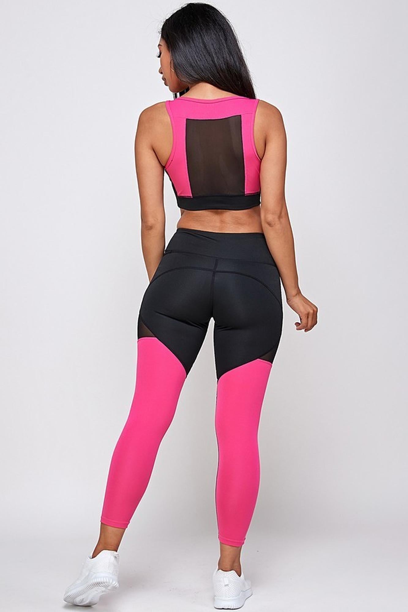 Premium 2 Piece Fuchsia Color Block Bra Top and Leggings Sport Set