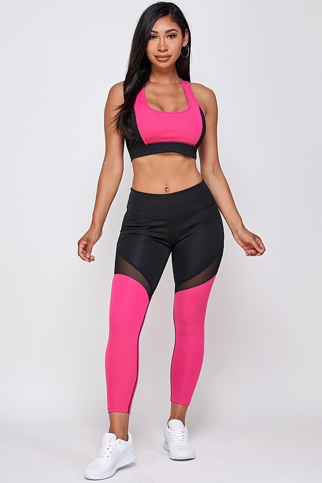 Premium 2 Piece Fuchsia Color Block Bra Top and Leggings Sport Set