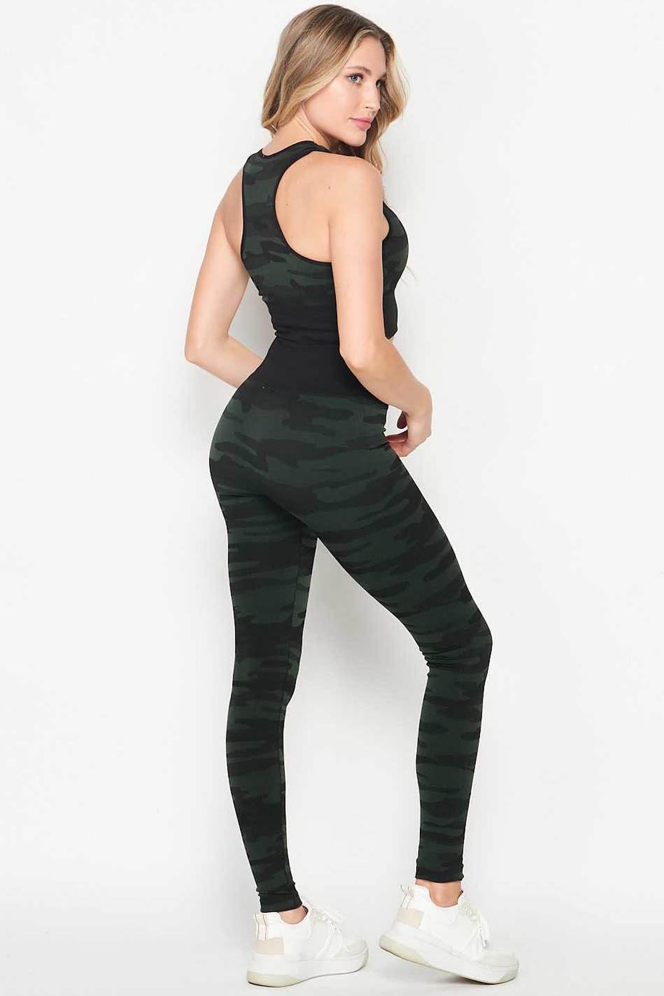 2 Piece Seamless Olive Camouflage Bra Top and Leggings Sport Set (One Size Regular,Olive)