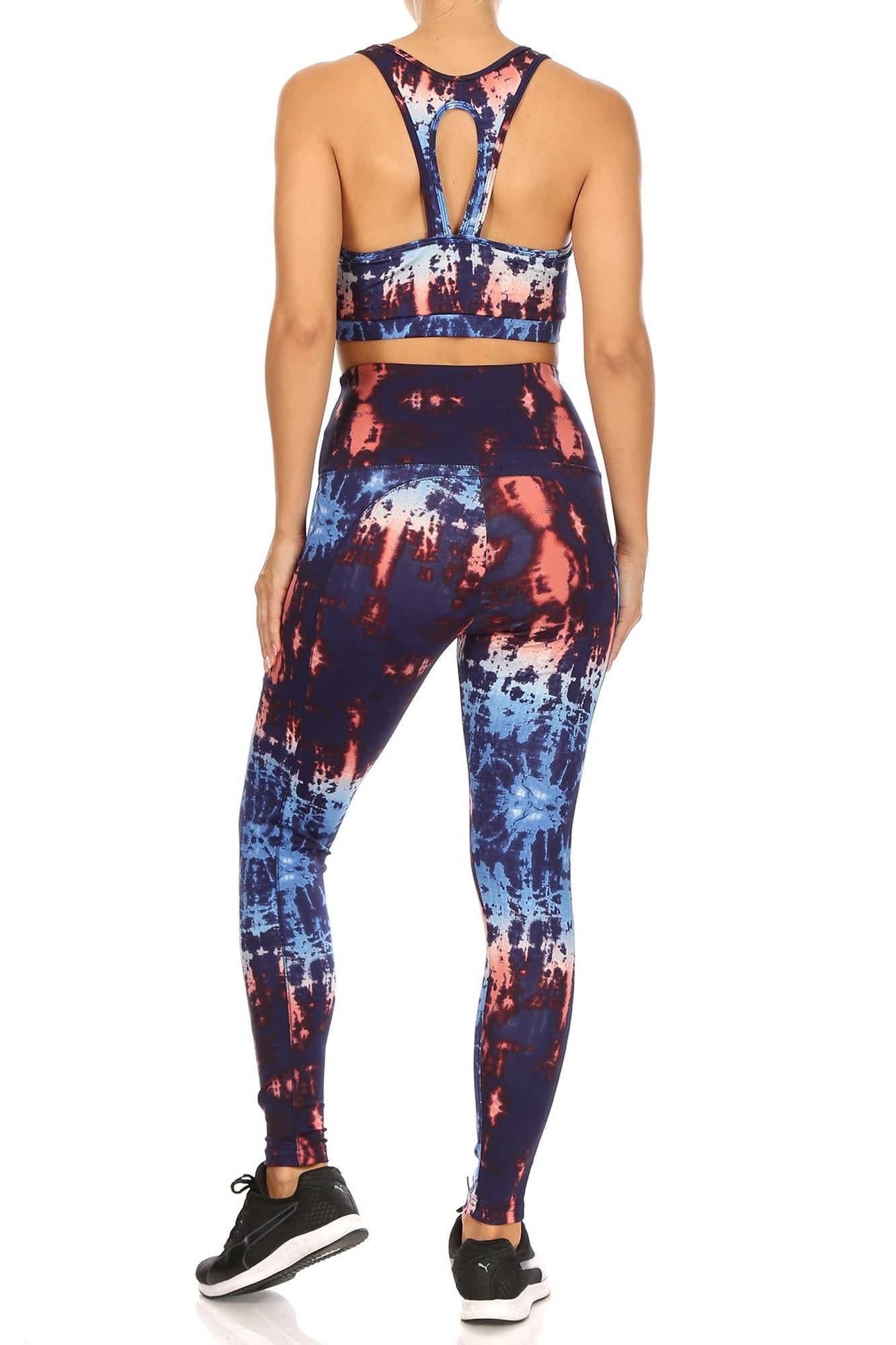 High Waisted Blue Tie Dye Sports Leggings and Crop - 2 Piece Set