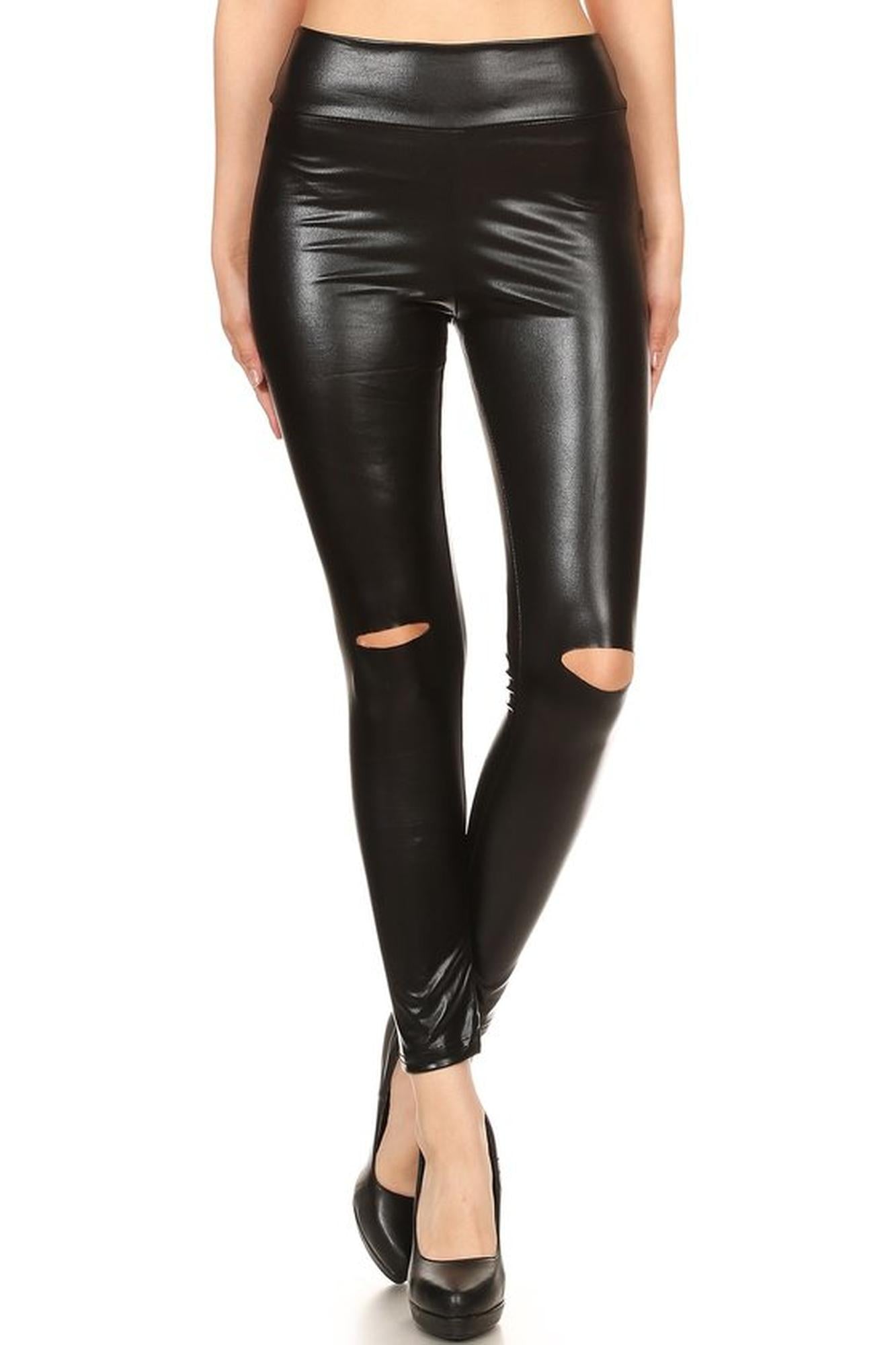 High Waisted Shiny Faux Leather Leggings with Knee Slash