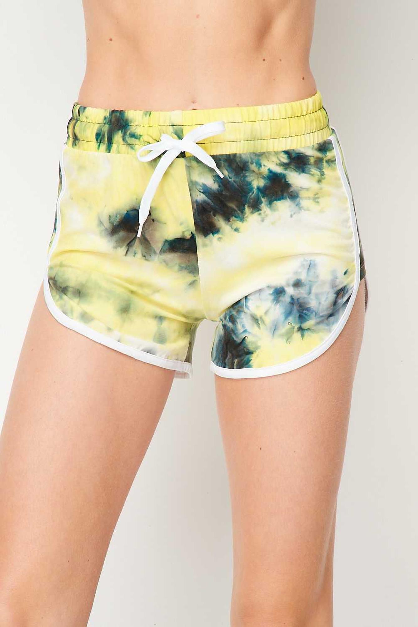 Buttery Smooth Yellow Tie Dye Side Striped Drawstring Waist Dolphin Shorts