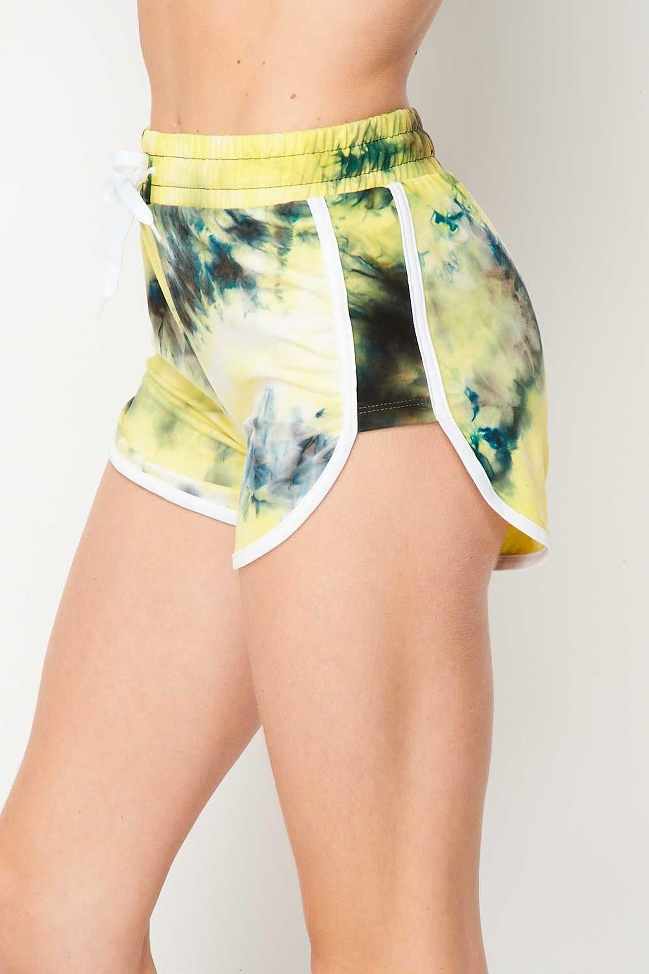 Buttery Smooth Yellow Tie Dye Side Striped Drawstring Waist Dolphin Shorts