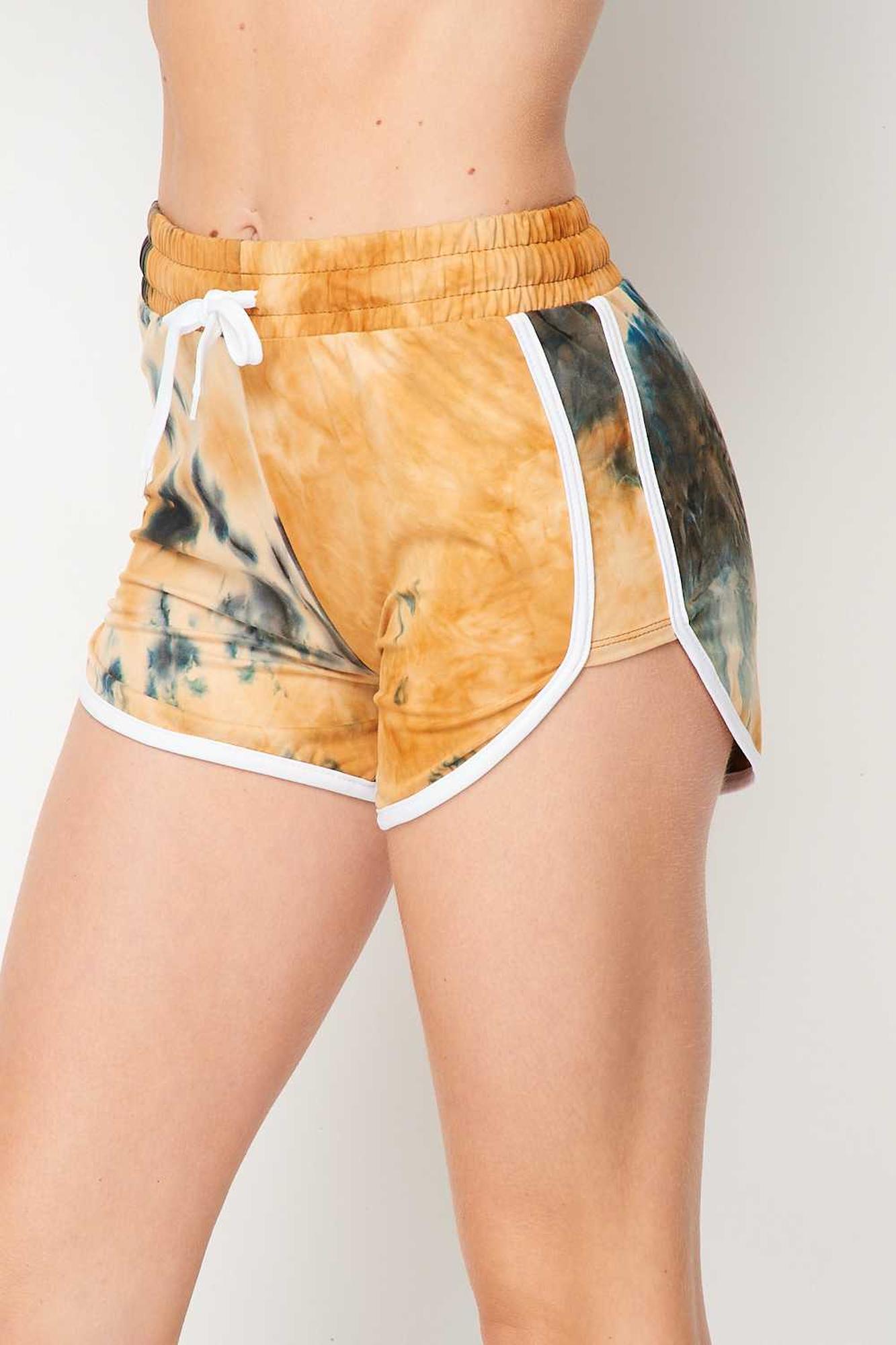 Buttery Smooth Camel Tie Dye Side Striped Drawstring Waist Dolphin Shorts