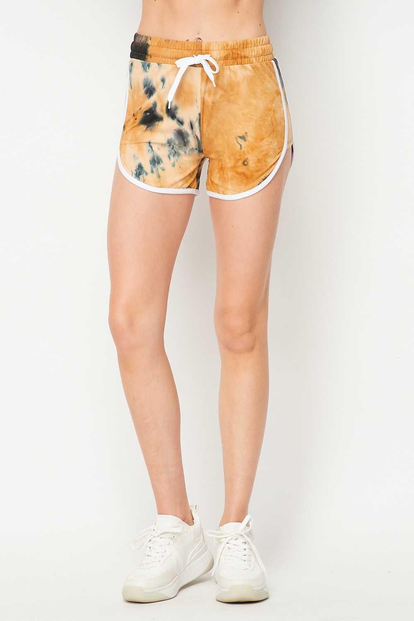 Buttery Smooth Camel Tie Dye Side Striped Drawstring Waist Dolphin Shorts
