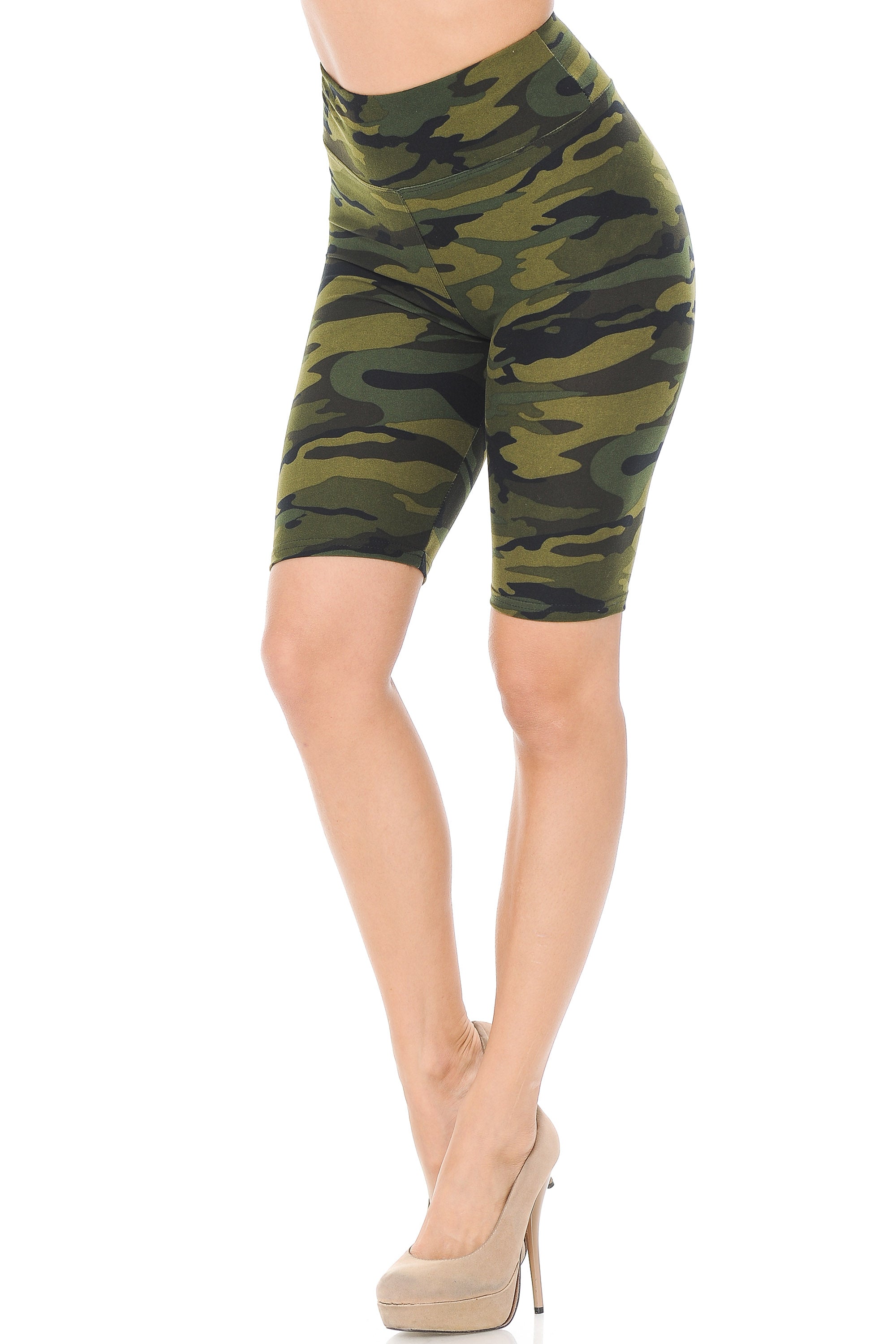 Buttery Soft Green Camouflage Biker Shorts - 3 Inch Waist Band (One Size Regular,Olive)