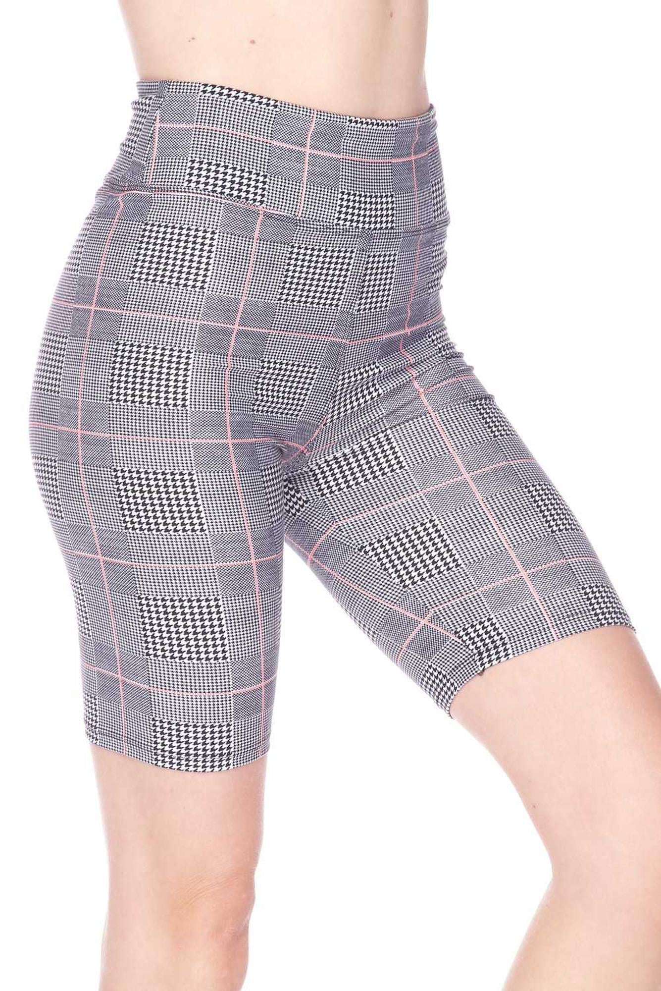 Buttery Soft Coral Accent Glenn Plaid Biker Shorts - 3 Inch Waist Band (One Size Regular,Charcoal)
