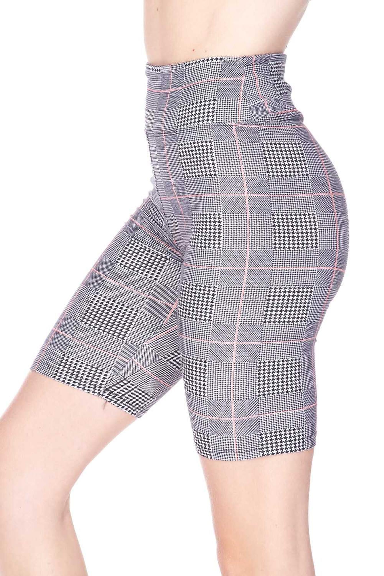 Buttery Soft Coral Accent Glenn Plaid Biker Shorts - 3 Inch Waist Band (One Size Regular,Charcoal)