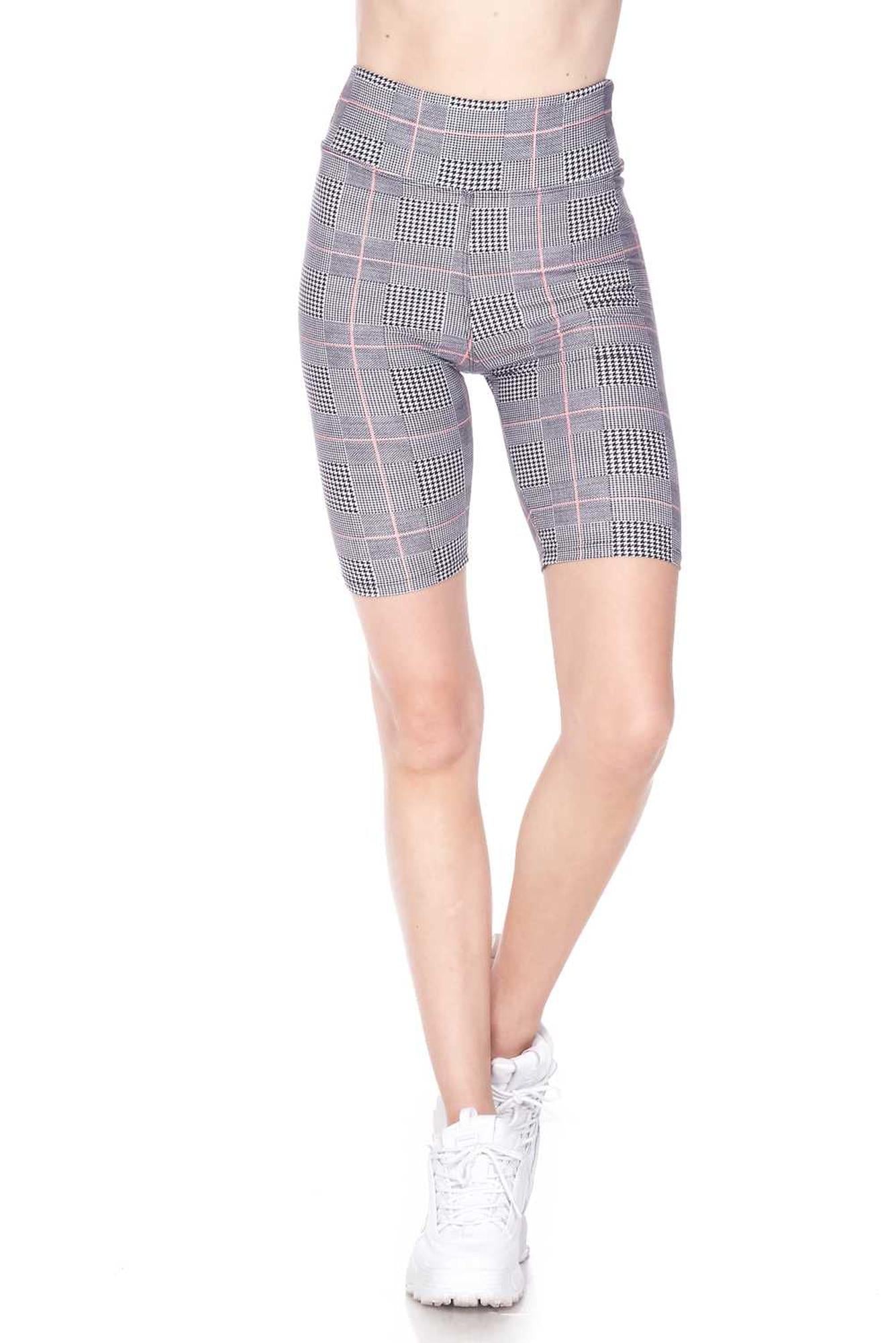 Buttery Soft Coral Accent Glenn Plaid Biker Shorts - 3 Inch Waist Band (One Size Regular,Charcoal)