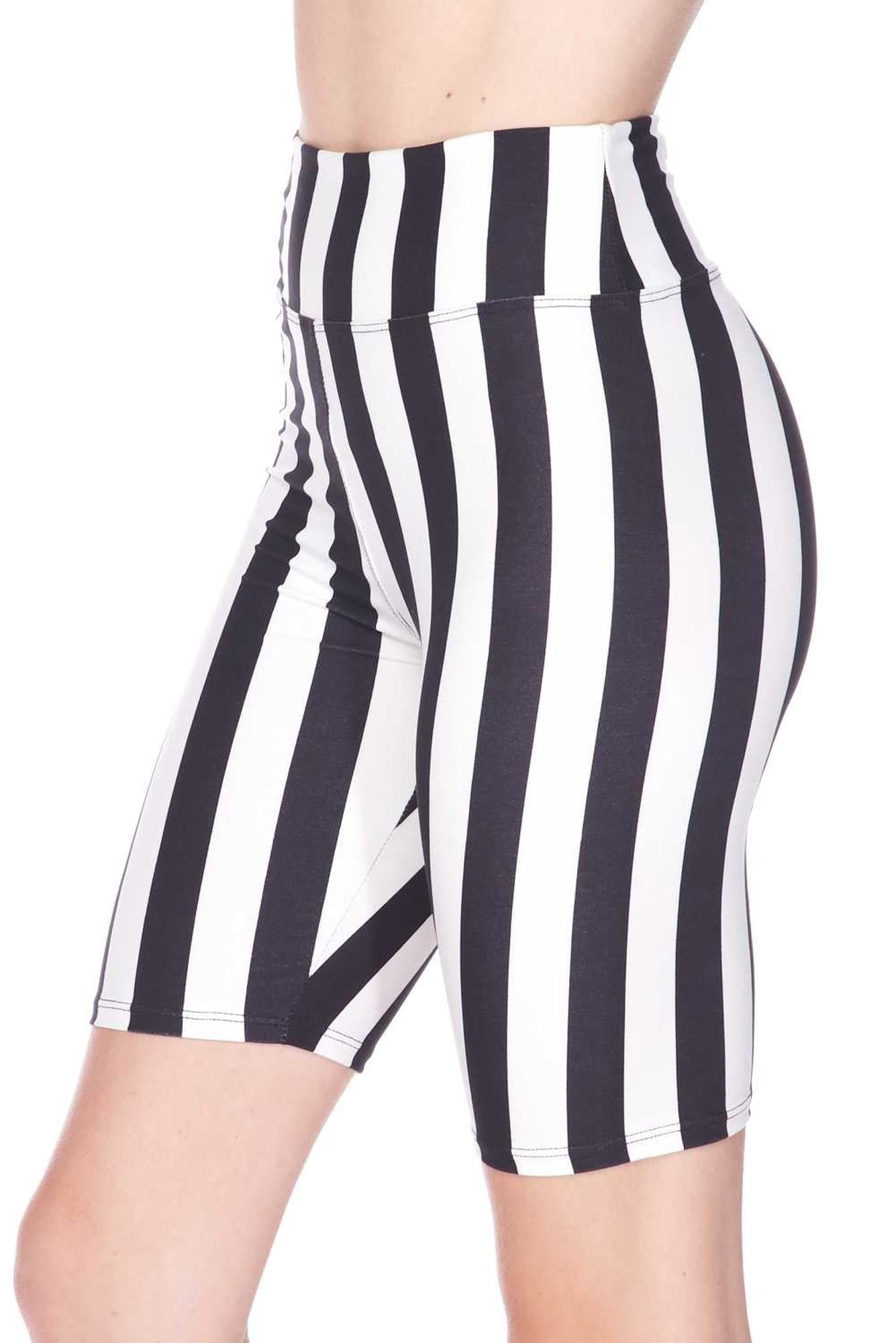 Buttery Soft Vertical Wide Stripe Biker Shorts - 3 Inch Waist Band (One Size Regular,Black)