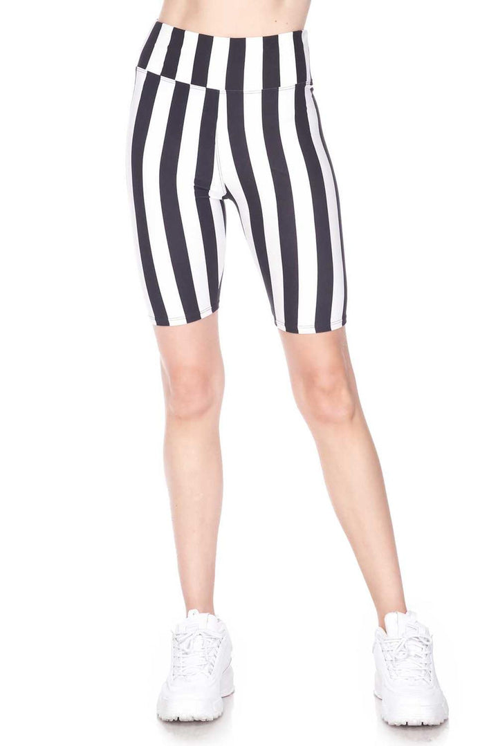 Buttery Soft Vertical Wide Stripe Biker Shorts - 3 Inch Waist Band (One Size Regular,Black)
