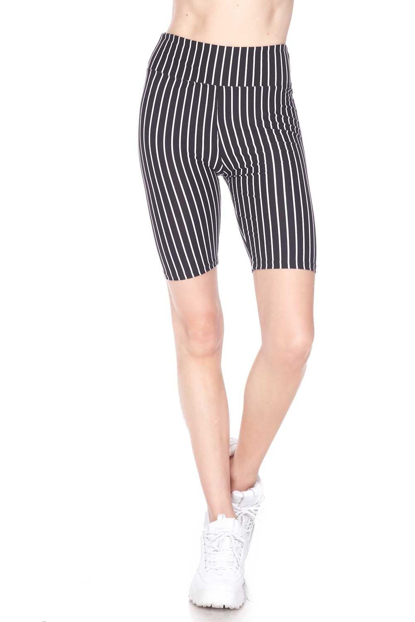 Buttery Soft Black Pinstripe Biker Shorts - 3 Inch Waist Band (One Size Regular,Black)