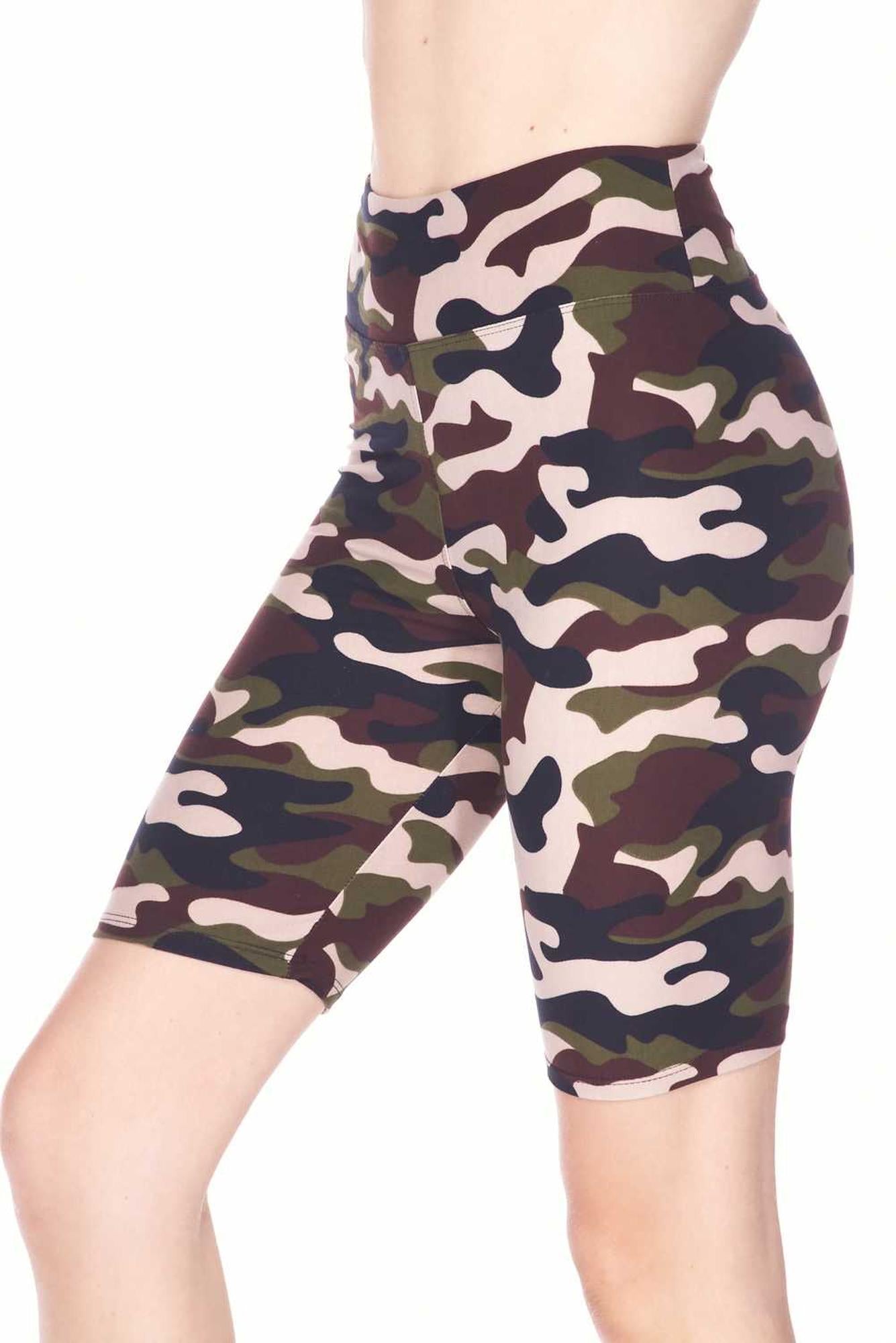 Buttery Soft Flirty Camouflage Biker Shorts - 3 Inch Waist Band (One Size Regular,Brown)