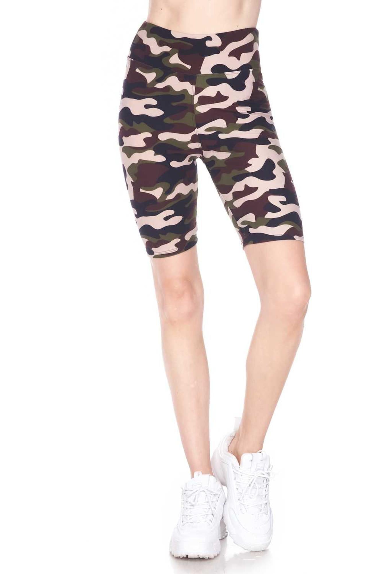 Buttery Soft Flirty Camouflage Biker Shorts - 3 Inch Waist Band (One Size Regular,Brown)