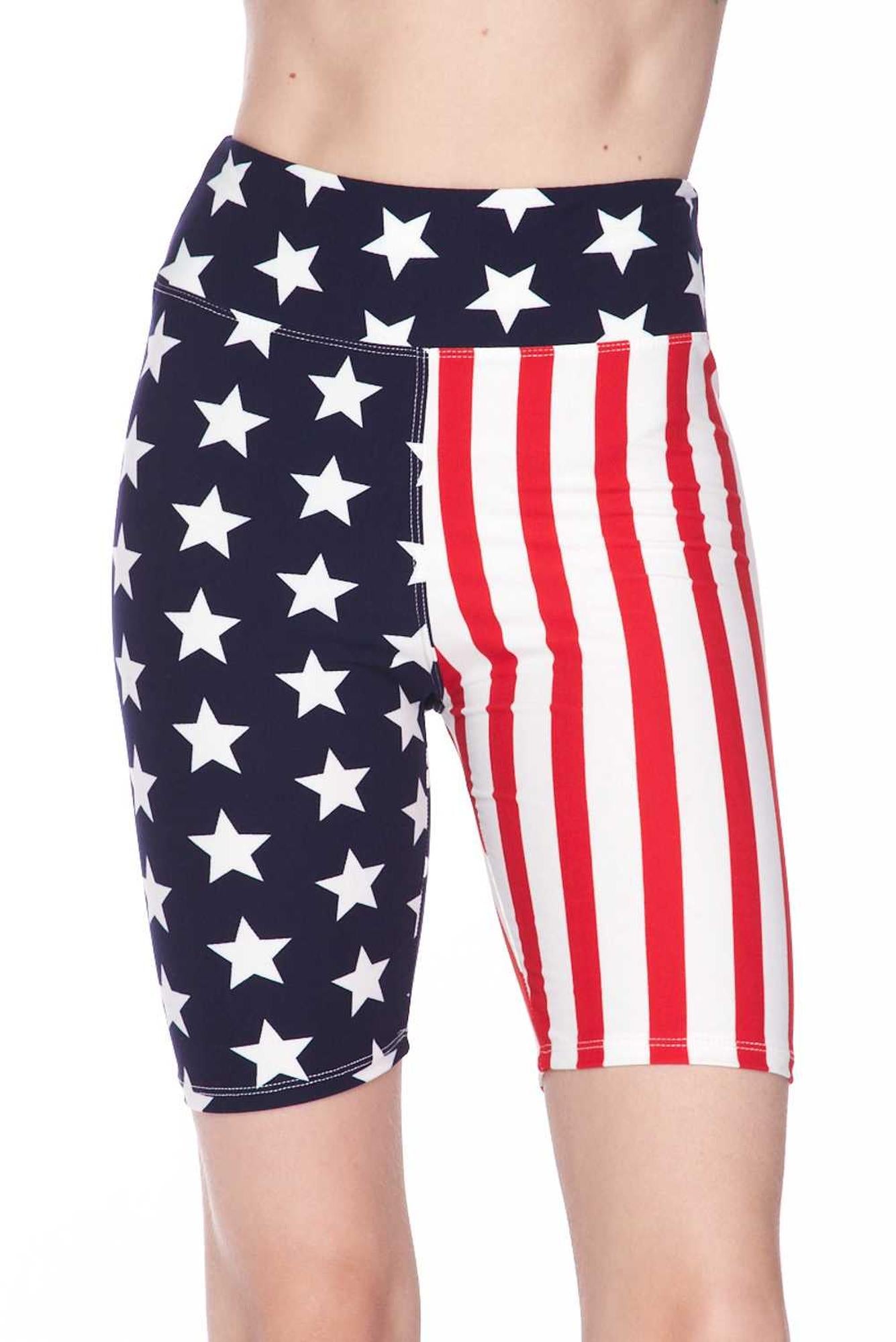 Buttery Soft USA Flag High Waist Biker Shorts - 3 Inch Waist (One Size Regular,Blue)