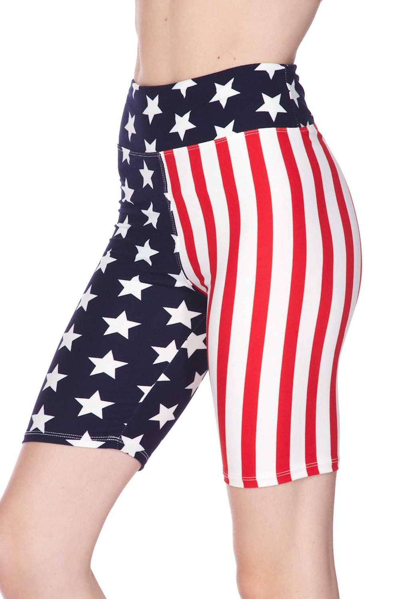 Buttery Soft USA Flag High Waist Biker Shorts - 3 Inch Waist (One Size Regular,Blue)