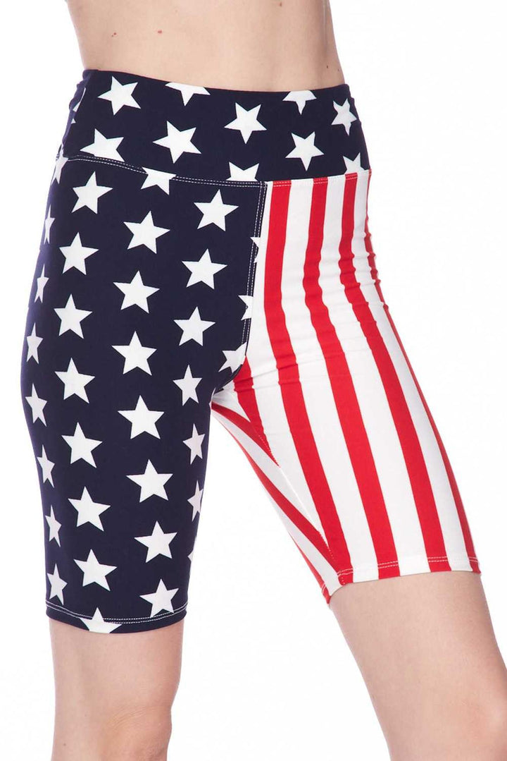 Buttery Soft USA Flag High Waist Biker Shorts - 3 Inch Waist (One Size Regular,Blue)