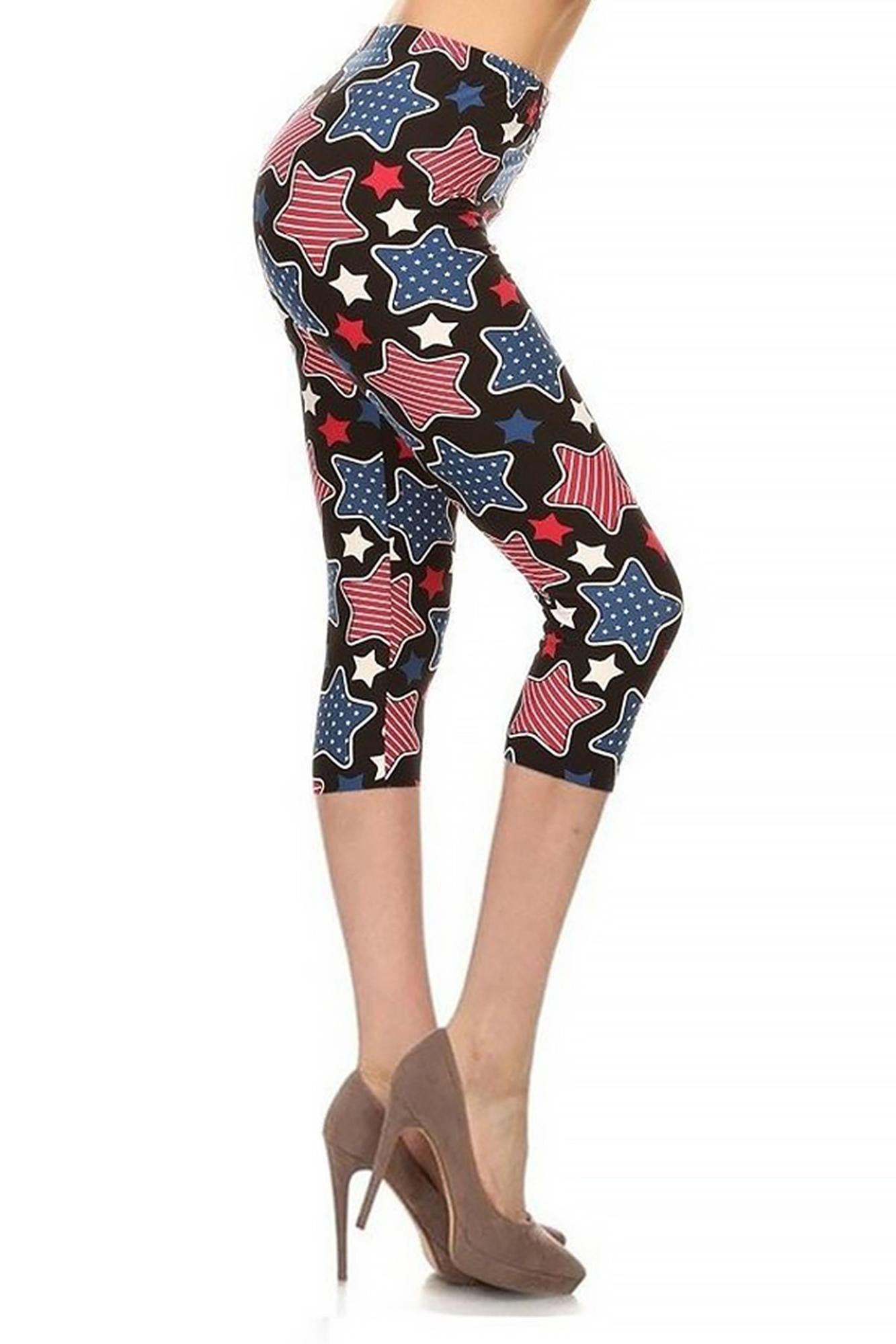 Buttery Soft Jumbo USA Stars Extra Plus Size Capris - 3X-5X (XPlus One Size,Black)