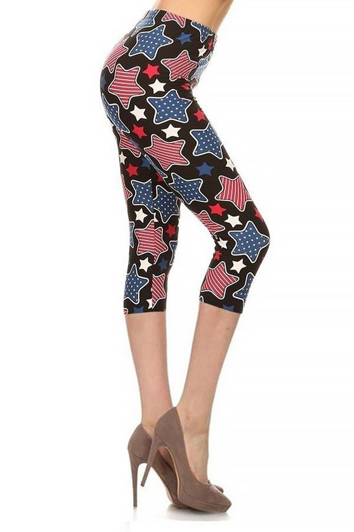 Buttery Soft Jumbo USA Stars Extra Plus Size Capris - 3X-5X (XPlus One Size,Black)