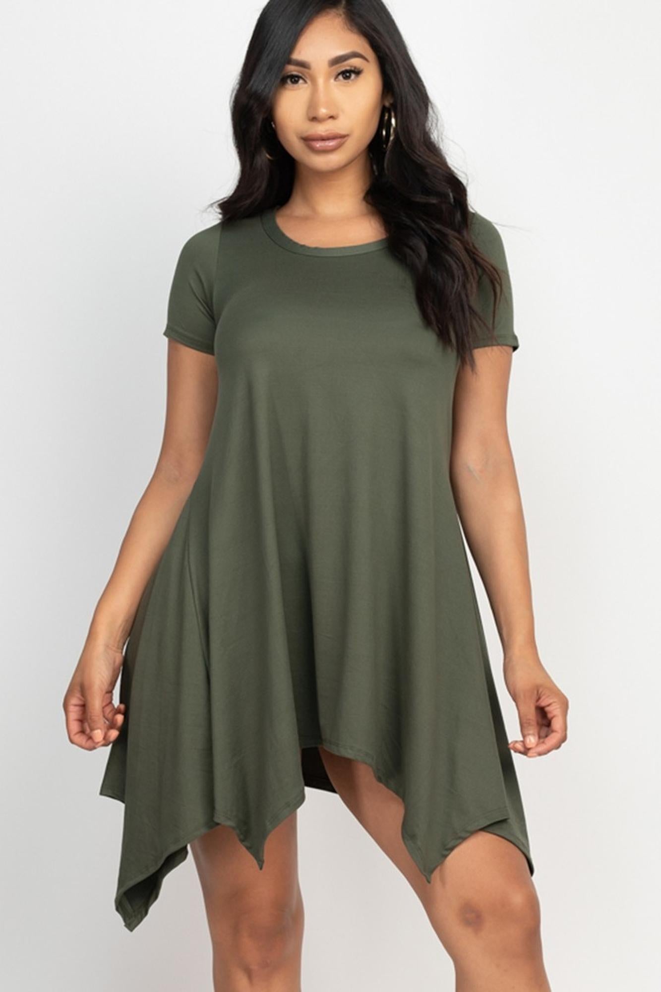 Solid Asymmetrical Short Sleeve Trapeze Dress