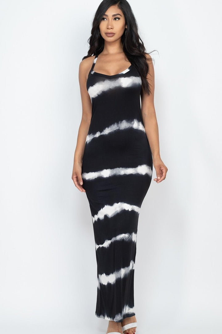 Tie Dye Striped Sleeveless Racer Back Maxi Dress