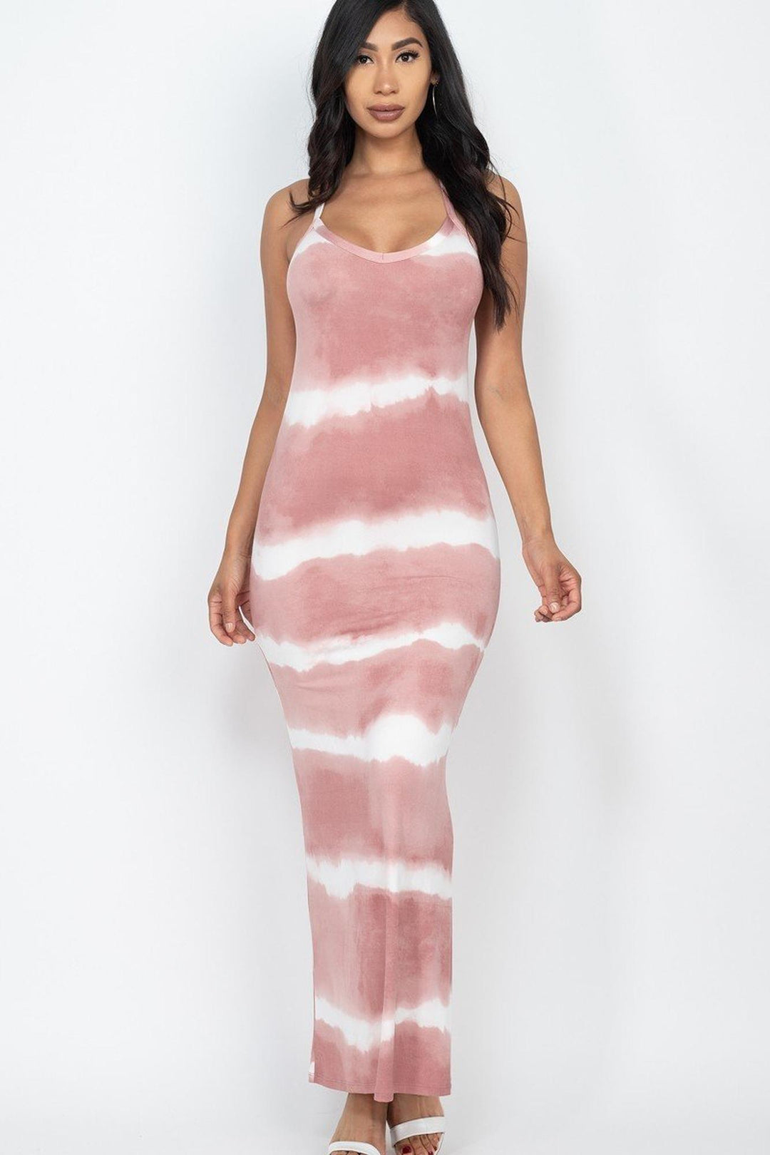 Tie Dye Striped Sleeveless Racer Back Maxi Dress