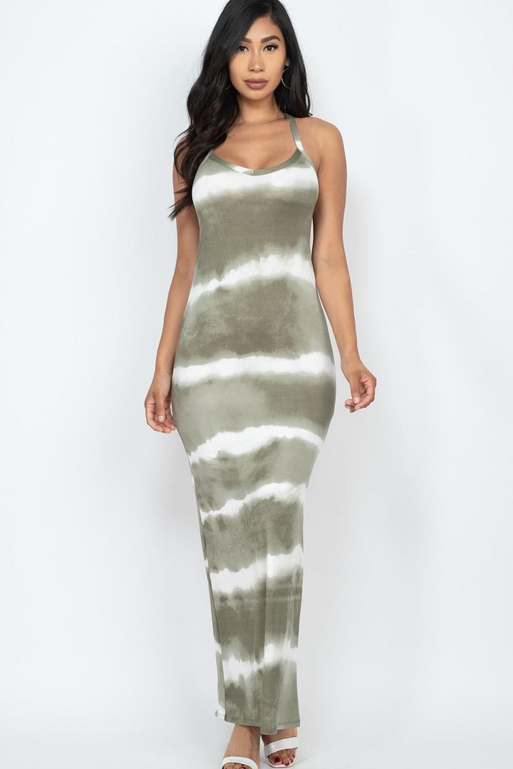 Tie Dye Striped Sleeveless Racer Back Maxi Dress